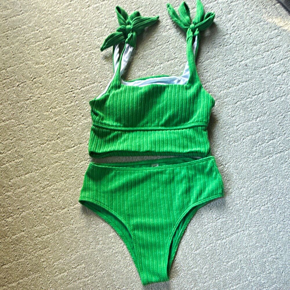 Women's Green Ribbed 2 Piece Bikini Set Size S High Waisted Wide Straps